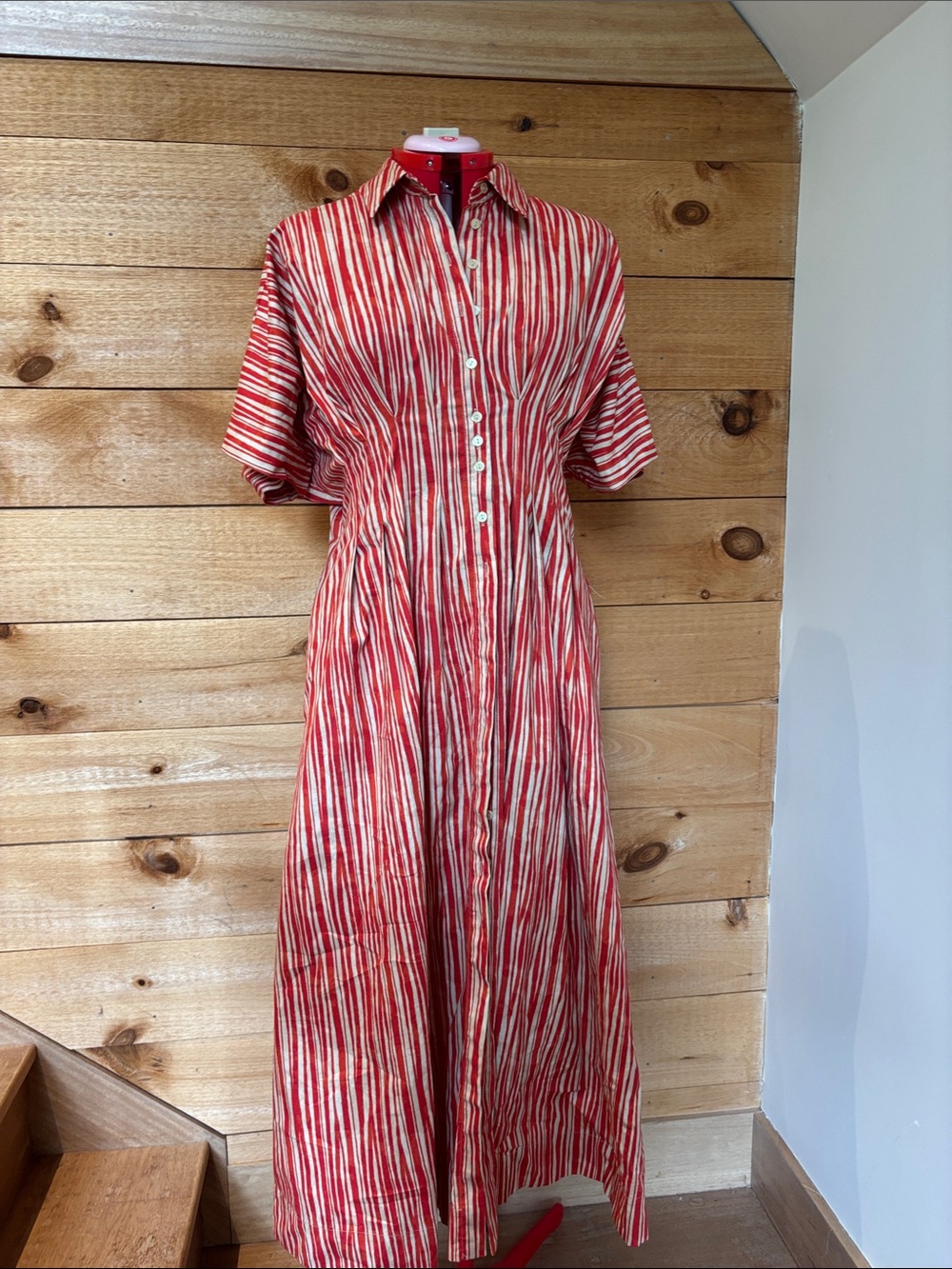 Red and Cream Striped Button-Front Maxi Dress